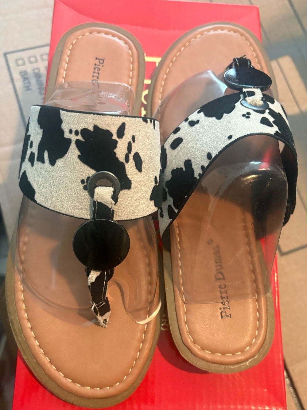 Pierre Dumas Black & White Cow Print Toe-Post Sandals